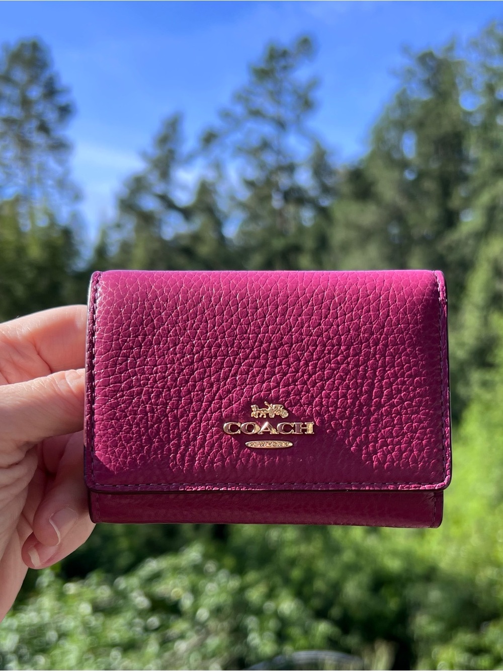 COACH Micro Trifold Wallet Pebble Leather Light Raspberry with Gold Hardware